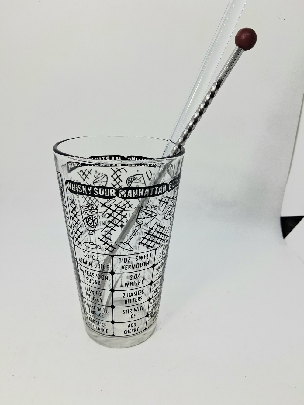 Vintage Federal Glass Cocktail Recipe Mixing Glass with Spoon And Glass Stirrer